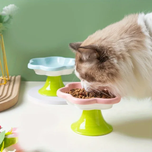 Ceramic Raised Cat Bowl With Flower Design, Elevated Cat Food Bowl Water Plate Snack Dish With Stand For Neck Protection 5