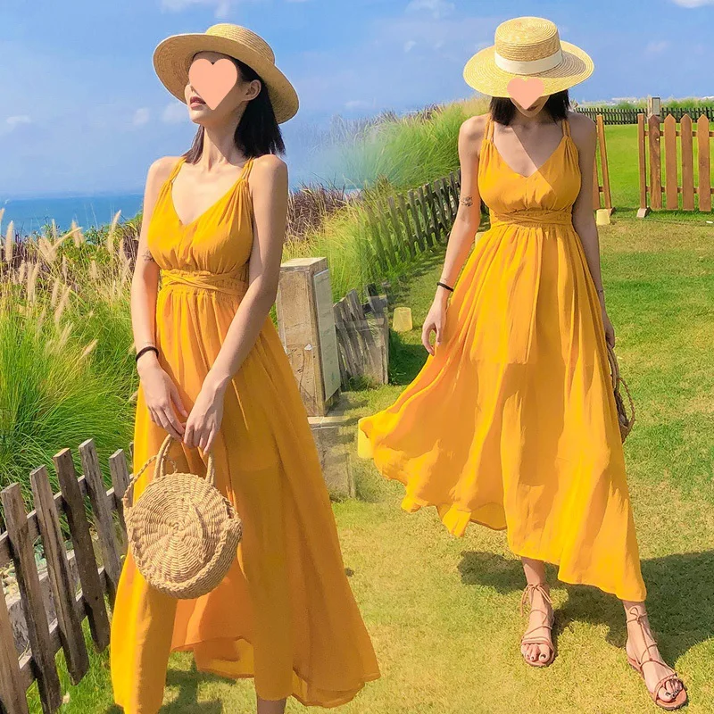 

Желтая пляжная юбка для женщин, летнее пляжное праздничное платье без бретелек, сексуальная Длинная юбка, сексуальное платье