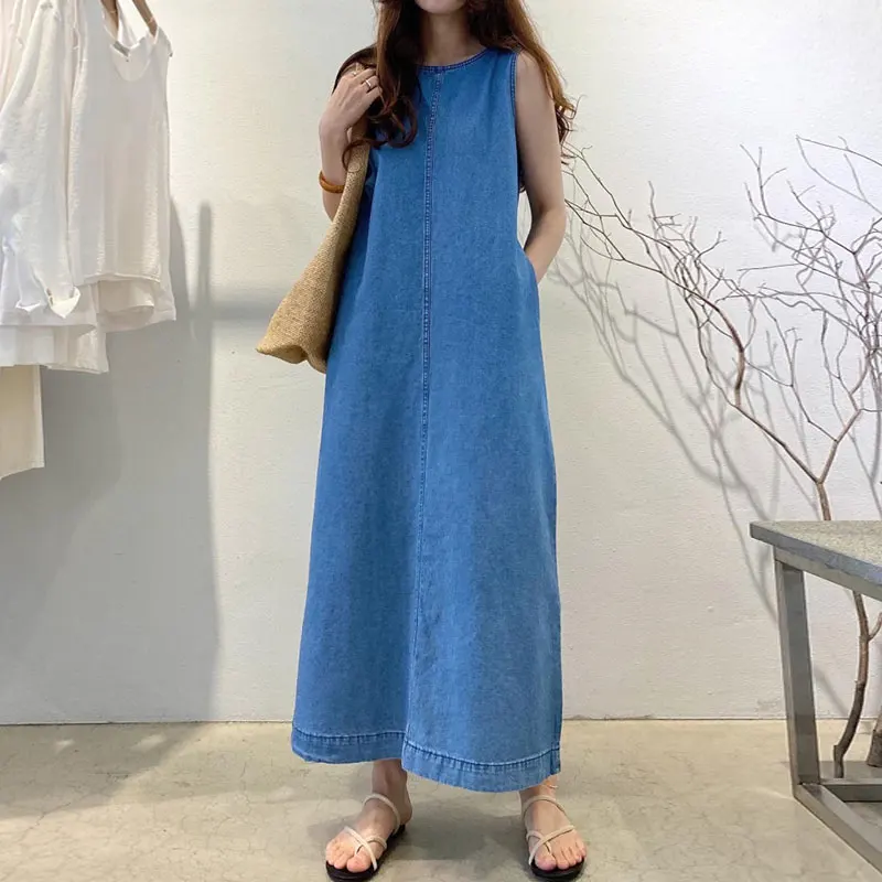 

High Street Trendy Sleeveless Pullover Denim Dresses For Women Loose Casual Simple Tank Top Backless Girl Summer Cowboy Dresses