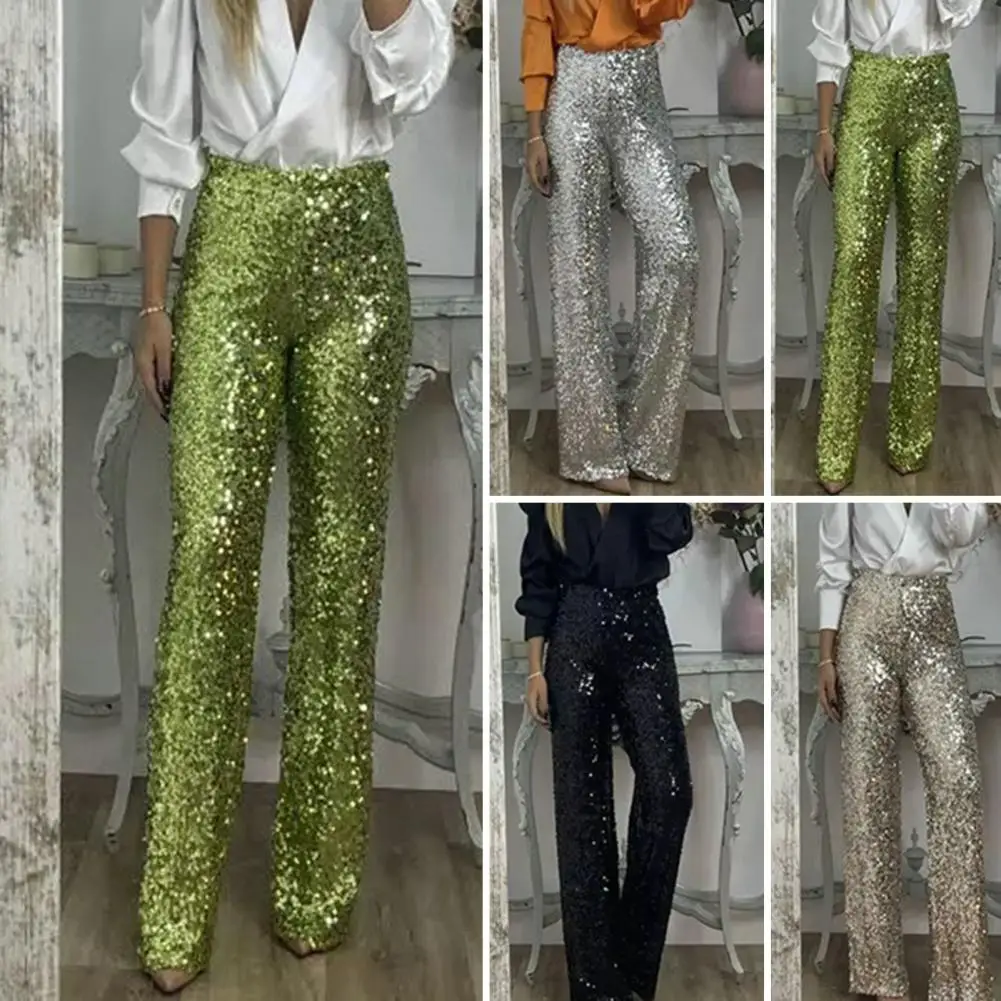 Women Pants Sequins High Waist Flared Pants for Women Shimmering Slim Fit Trousers Solid Color Elastic Streetwear Trendy Fashion