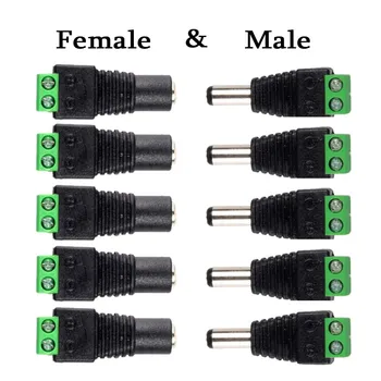 DC 12V 수 암 커넥터, 2.1x5.5mm 전원 플러그 어댑터 잭 소켓 커넥터, 신호 색상 LED 스트립 CCTV 카메라용, 5 쌍