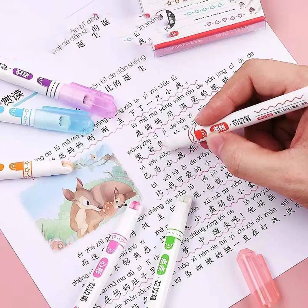 귀여운 꽃 선 모양의 형광펜 롤러 팁 곡선 라이너, 문구용 마커 필기 일기 쓰기 드로잉, 6개/세트