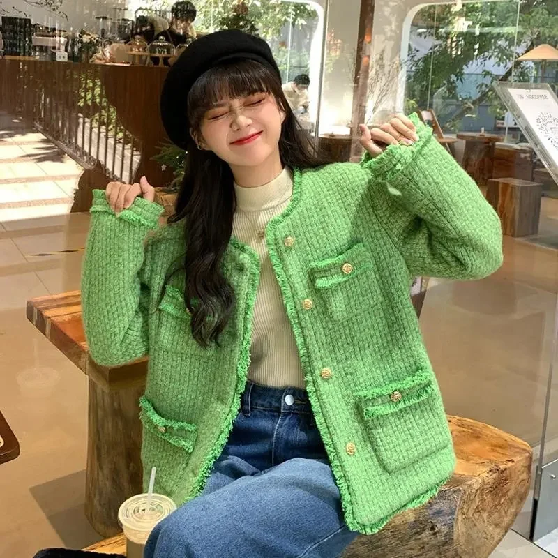 

Женская твидовая короткая куртка на пуговицах, повседневная шерстяная куртка с декоративными краями и круглым вырезом, маленькая верхняя одежда, весна-осень 2023