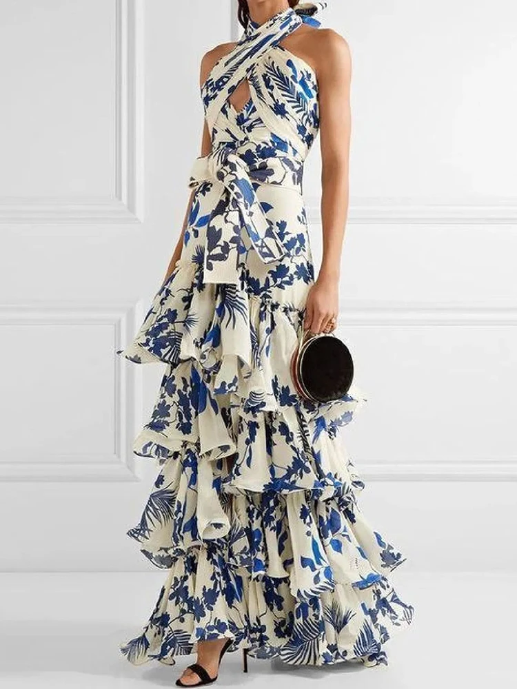 

Print Long Dresses Women Summer Vintage Boho Dresses Ladies Sexy Hollow Out Formal Dress Elegant Slim Ruffle Halter Vestidos