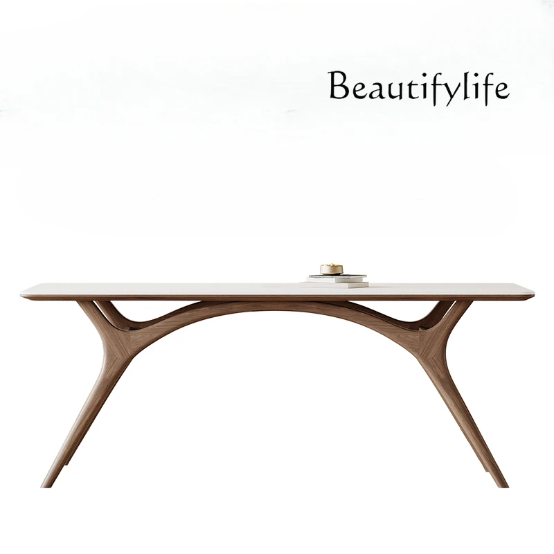 

Nordic Solid Wood Stone Plate Dining Table Rectangular Silent Style Walnut Color Modern Minimalist Dining Table