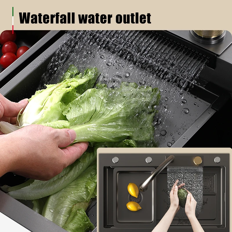 304 Stainless Steel Kitchen Sink With Waterfall Faucet Single Bowl Basin Workstation Topmount Sink With Accessories