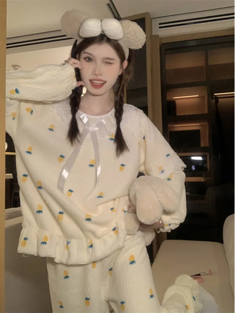 

Long Sleeved Print Thick Warm Women's Pajamas Sweet Princess Style Lace Pullover Sleepwear For Girls 2023 New Soft Home Wear Set