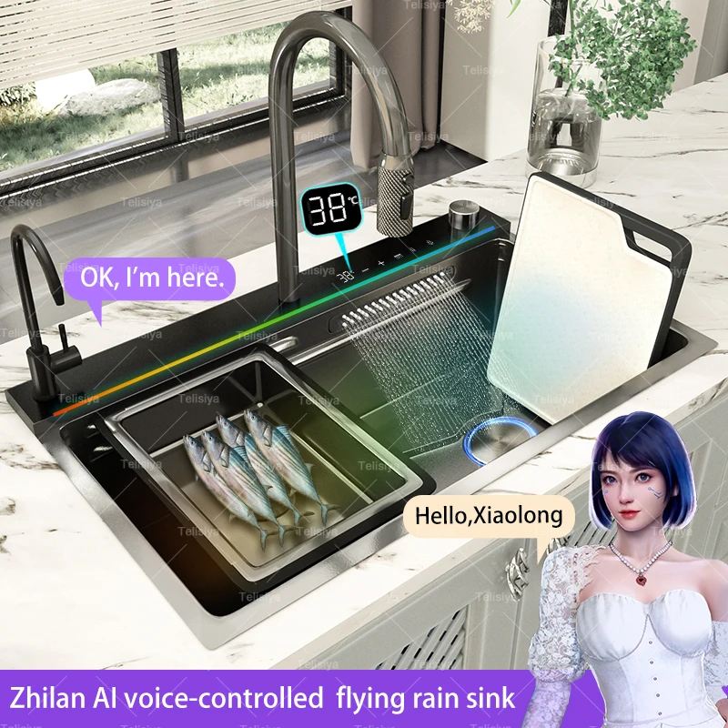 Stainless Steel Waterfall Kitchen Sink AI voice-controlled Large Single Slot Multifunctional Dishwashing Vegetable WashBasin