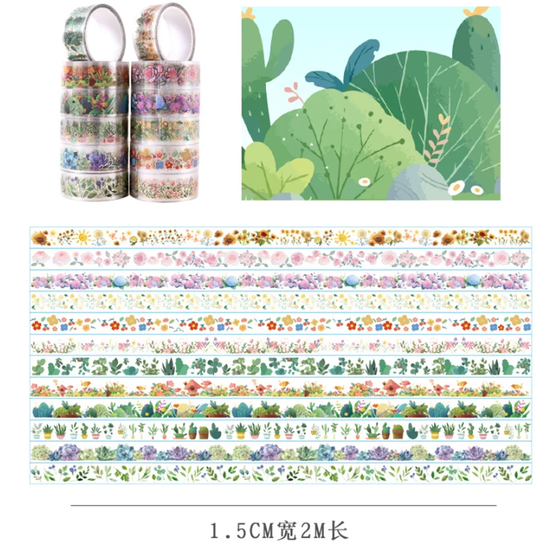 12롤 - 식물과 꽃 PET 장식 재료 테이프 세트 DIY 컬러 마스킹 테이프, 수제 예술 작품
