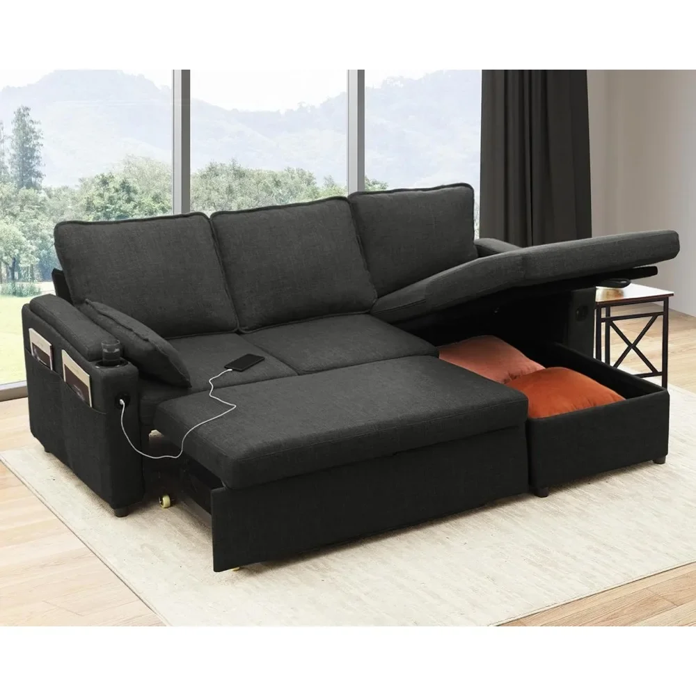 Sofa Bed Sleeper Pull Out 2 in 1 Sectional Sleeper Sofa Couches with Storage,USB, Cup Holder,Pullout Sectional Couches for Apar
