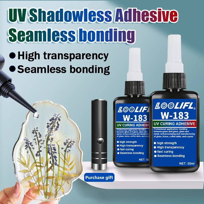 LOOLIFL ใหม่ W-183 Strong 50ml UV กาวบ่มกาว UV Curing แก้วคริสตัลและโลหะ ABS Bonding เชื่อม UV curing โคมไฟ 1