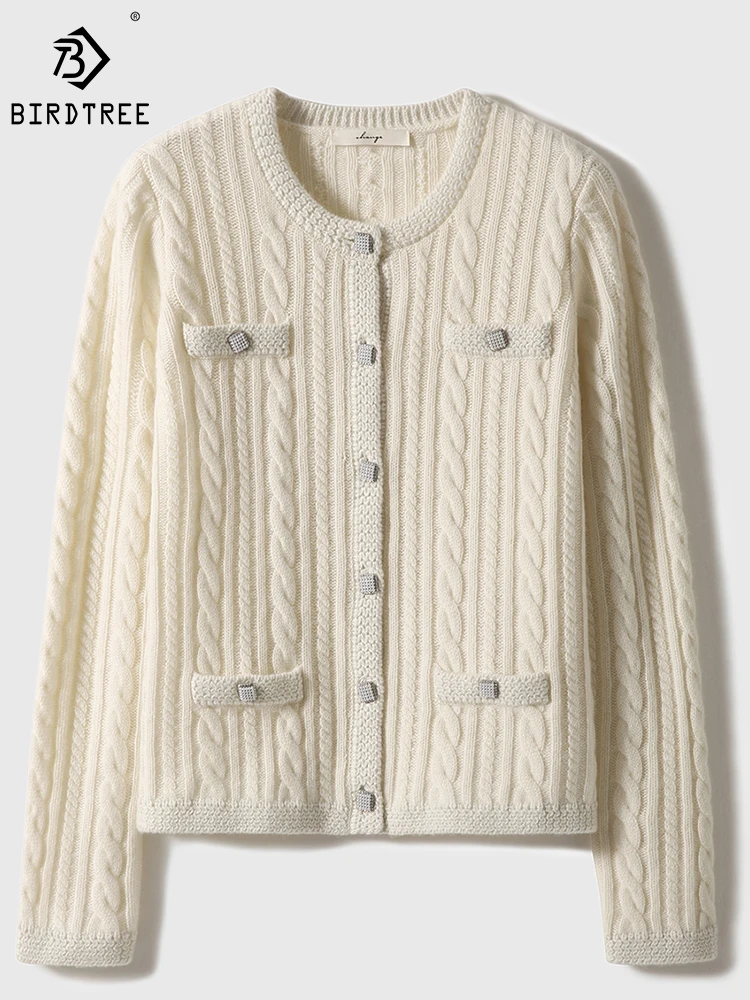 

Birdtree 100%Cashmere Cardigan Sweater Round Neck Vintage Cable Gentle Lazy Style Comfortable Simple Commute Knit Fall T30019QD
