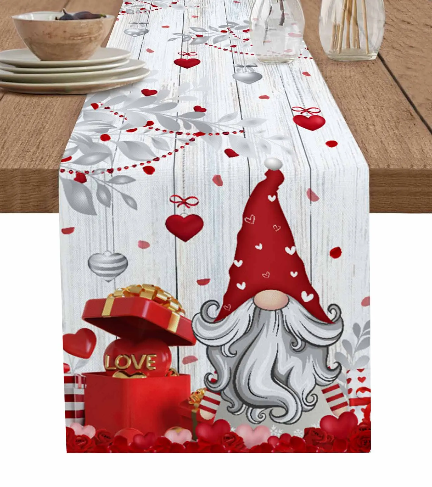 

Valentine Hearts Gnome Linen Table Runner Kitchen Table Decoration Farmhouse Reusable Dining Table Cloth Wedding Party Decor