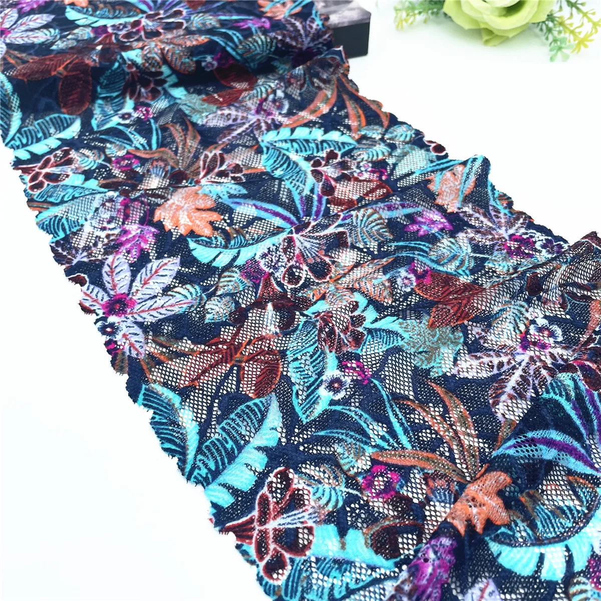 3y/lot Width 7 5/8 inch(19.50cm) Mixed Blue Feather Stretch Lace Trim 4