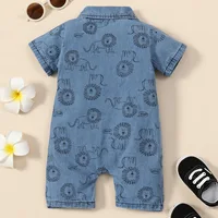 Summer New Short sleeved Polo Collar Single breasted Cartoon Little Lion Printed Denim Shorts jumpsuit for small and medium-size 2