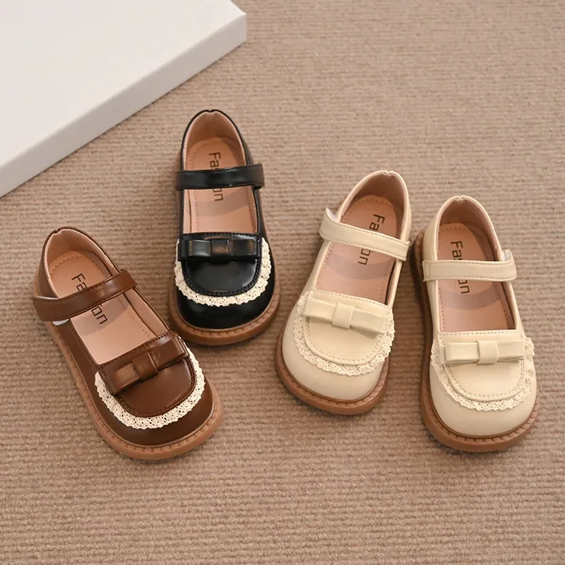 Girls Princess Shoes Soild Color Kids Leather Shoes Sweet Lace New Fashion Children Flat Soft Sole Round Toes Cute