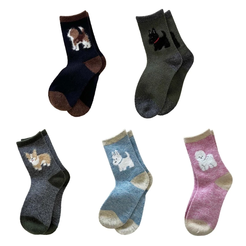 

Korean Women Colorblock Thick Calf Socks Dog Pattern Middle Tube Wool Socks