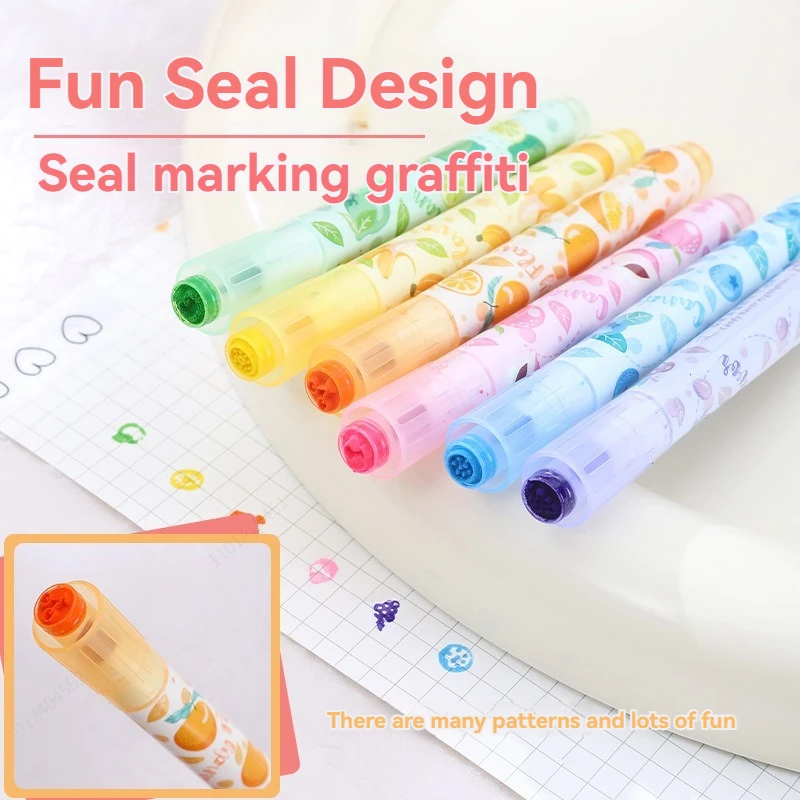 Highlighter Pen Marker Pen Highlighter Marker 6Colors Fun Stamp Seal Highlighter Set Fragrance Chisel Tip Marker Pen Macaron Pastel Assorted Colors for Cute Kawaii Stationery