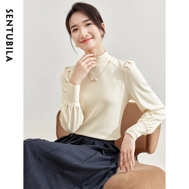 SENTUBILA Cotton Knit Slim Fit Pullovers Women 2025 Spring Hight Collar Pearl Chain Lanter Sleeve Elegant Tops Ladies 143H56768X 3