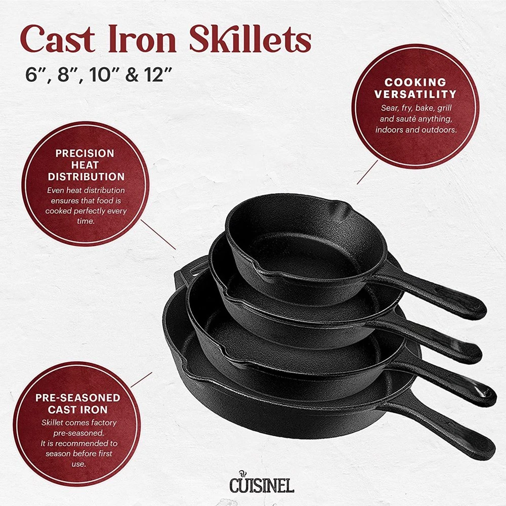 Iron Skillet Set of 4 Kitchen Cookware Pre-Seasoned 6” 8” 10” 12