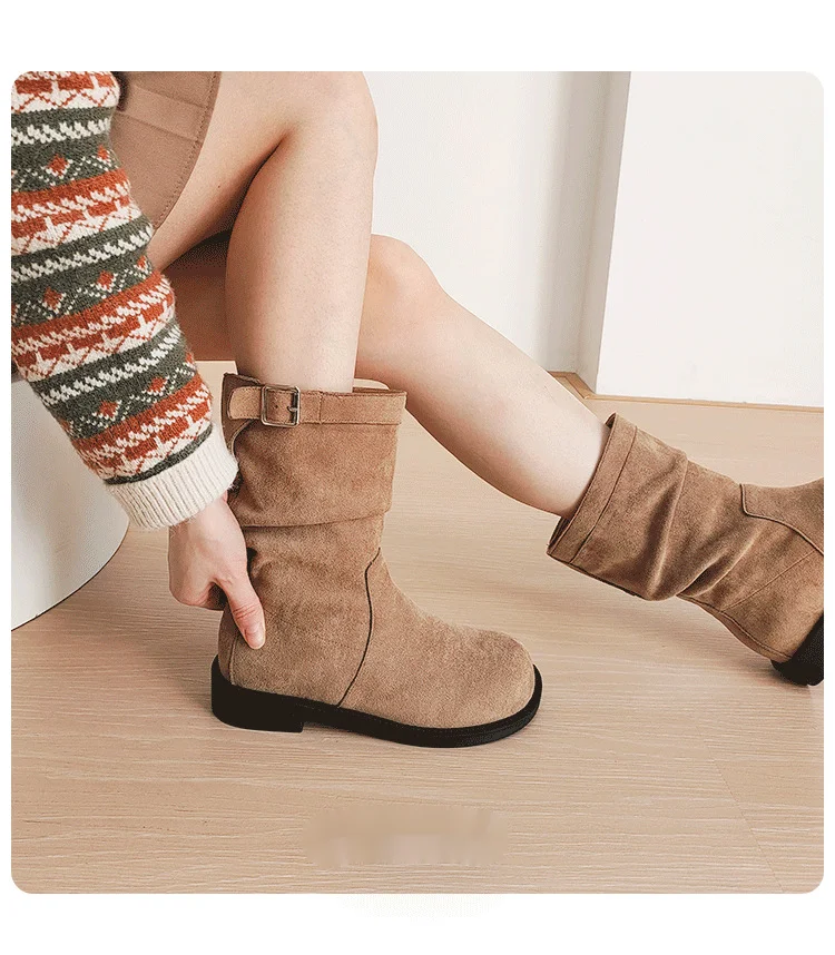 Flat bottomed short for women, 2024 new autumn and winter collection, stacked round toe mid leg bo, western cowboy_voghion.com