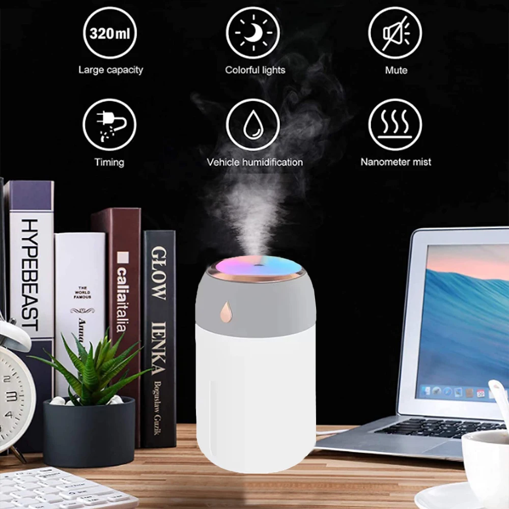 330ml Humidifier Colorful Light Portable Whisper-Quiet Large Mist Spray USB-Powered Fresh Air for Bedroom Home Car Purifier
