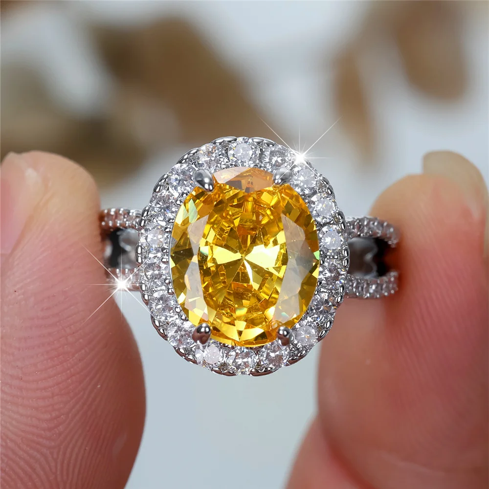 Luxury Female Big Yellow Zircon Stone Oval Engagement Rings For Women Silver Color Wedding Bands Jewelry Party Gifts