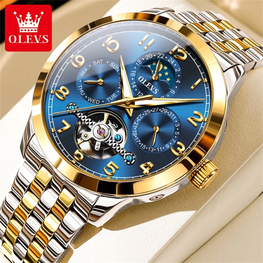 

OLEVS 7018 Mechanical Fashion Watch Gift Stainless Steel Watchband Round-dial Week Display Calendar