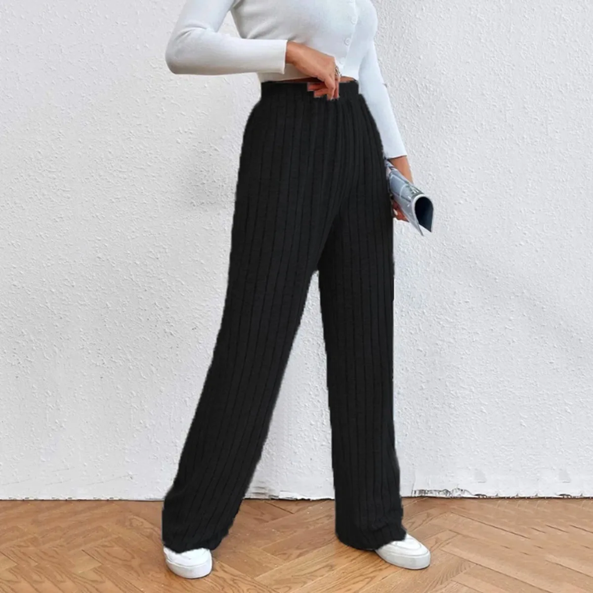 Autumn Winter Women Fashion Solid Color Versatile Wide Leg Pants High Waist Stretch Knitted Loose Stripe Flared Pants&Trousers