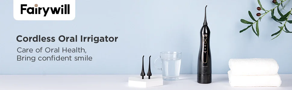 Fairywill Elektrische tragbare Zahnwasserflosser Munddusche USB wiederaufladbar wasserdicht 3 Modi Jet Zahnstocher 7 Tipps Reiniger – Detail 1
