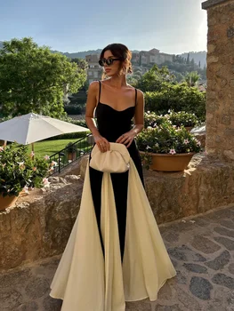 Fashion Contrast Women's V-neck Sling Long Dress For Women Elegant Pleated Backless Sleveless Maxi Dresses Lady Evening Vestidos 1