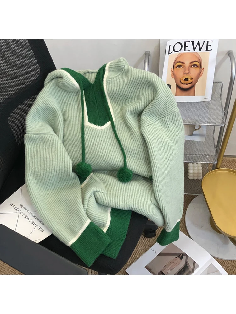 

Hoodie Sweaters For Women Korean Style Chic Green Pullovers Fashion Simple Long Sleeve Loose Warm Knitwear Spring 2023