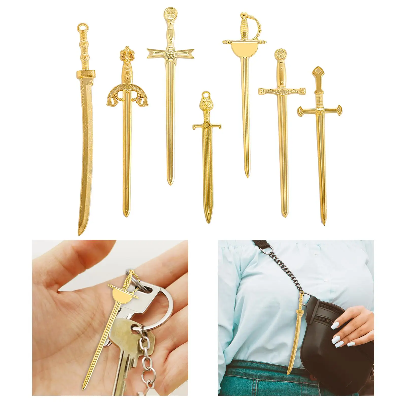 

7 Pieces Mini Antique Sword Pendants Alloy Craft Gold Supplies Mini Sword Charms for DIY Accessories Keyrings Decoration Gift