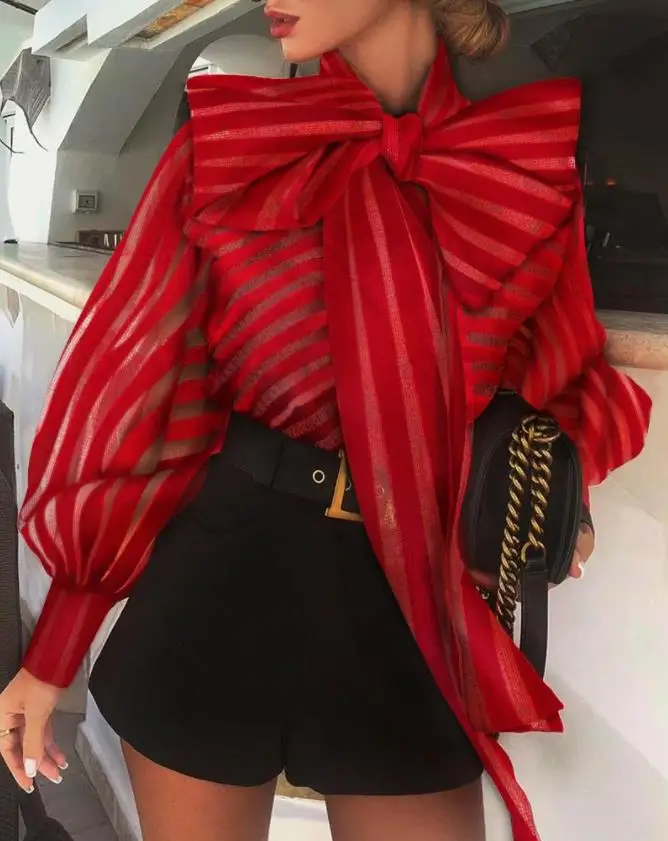 

Women's New 2024 Top Unique Spring and Summer Mesh Striped See Through Lantern Sleeve Blouse Fashion