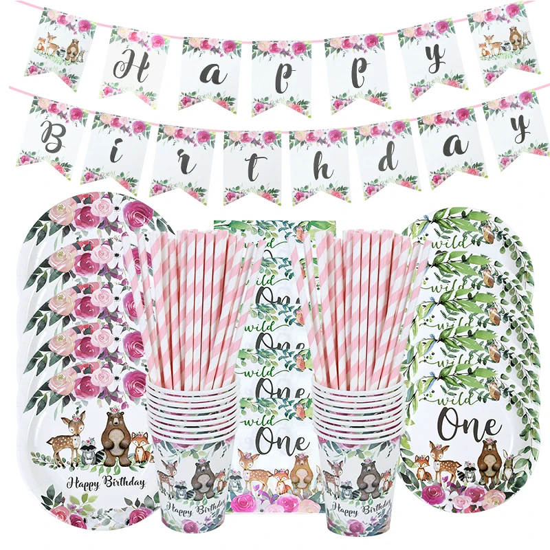 

Forest Animal Birthday Decoration Disposable Tableware Paper Plate Cup Napkin Girls Birthday Jungle Safari Theme Party Supplies