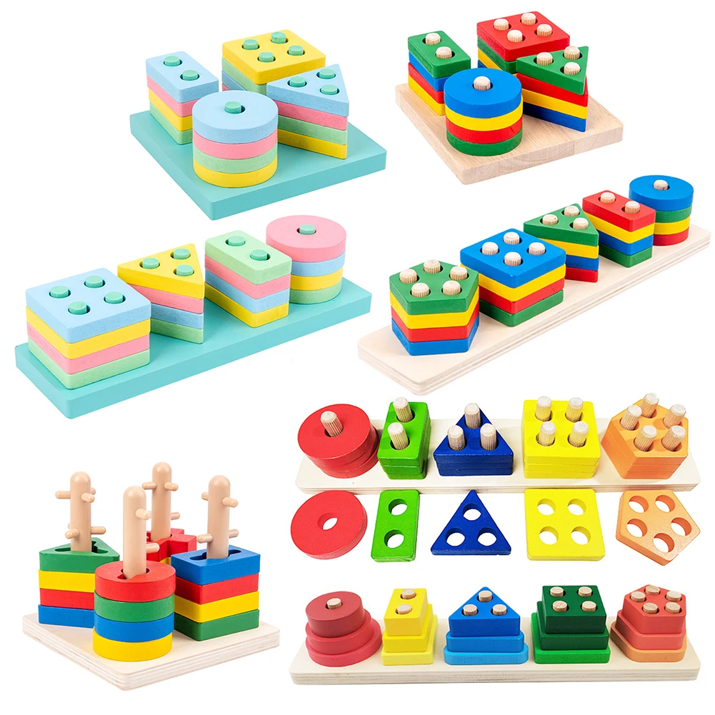 Baby Wooden Geometric Shapes Sorting Math Toys Set Montessori Toddler Kids Educational Stacked Puzzle Preschool Learning Game
