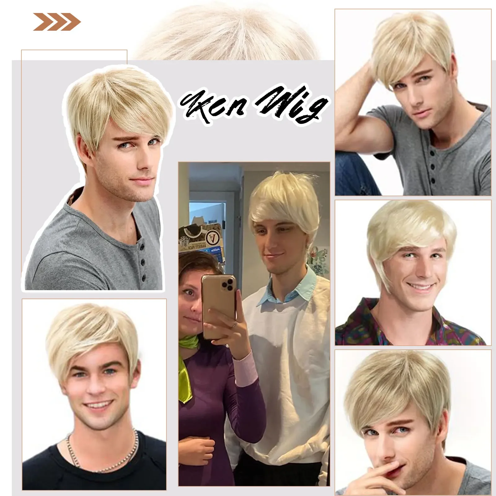 Blonde Men's Wig Short Synthetic Pixie Ken Wig Heat Resistant Synthetic Platinum Blonde Wigs for Halloween Costume Party