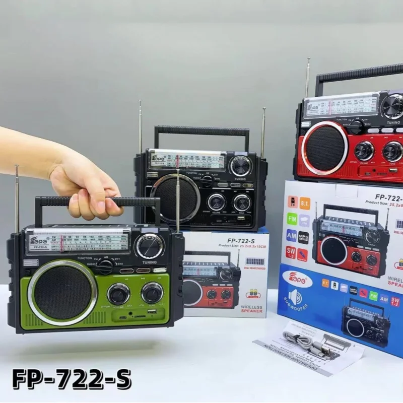 듀얼 태양광 충전 AM/FM/SW1-2 4밴드 라디오 다기능 라디오 휴대용 MP3 음악 플레이어 내장 블루투스 스피커 FP-722-S