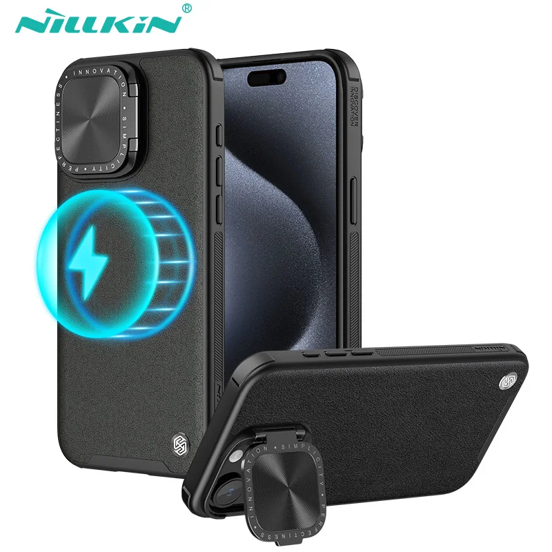 Magsafe Case For iPhone 15 Pro Max Nillkin Camshield Prop Leather Case With Foldable Stand For iPhone 15 Pro Lens Magnetic Cover