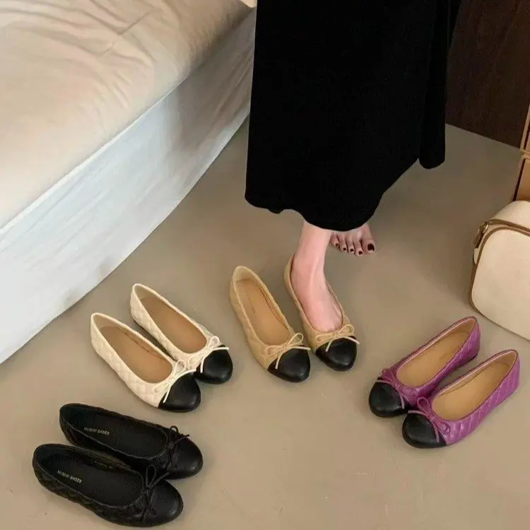 Zweifarbige Damen-Loafer mit Schleife und flachem Absatz, zum Hineinschlüpfen, runde Zehenpartie, bequeme Vintage-Schuhe für Büro, Alltag, Party