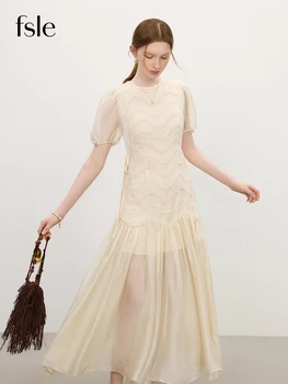 FSLE 2025 Summer Women's Mesh Embroidery Dress Hollow Out Splicing Bubble Sleeves Waist Tie Y2K Trendy Boho Chic 25FS12832 1