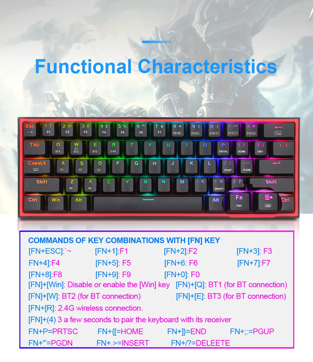 Fizz pro k616 61-key rgb mechanical gaming keyboard with bluetooth and usb connectivity, red switch, and 3 customizable modes