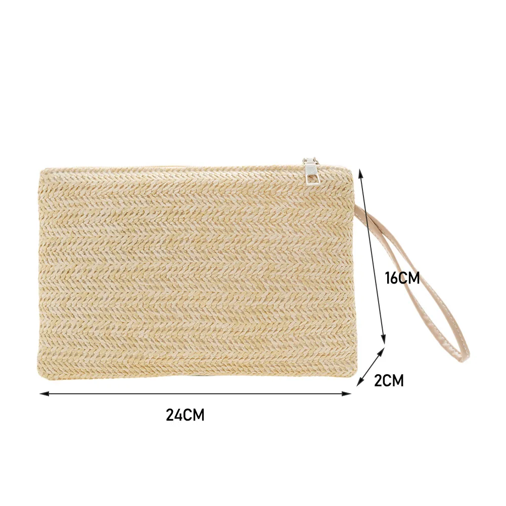 Women Summer Retro Straw Knitted Handbag Fashion Bohemian Woven Wristlet Bag Beach Summer Pure Color Clutch Handbag