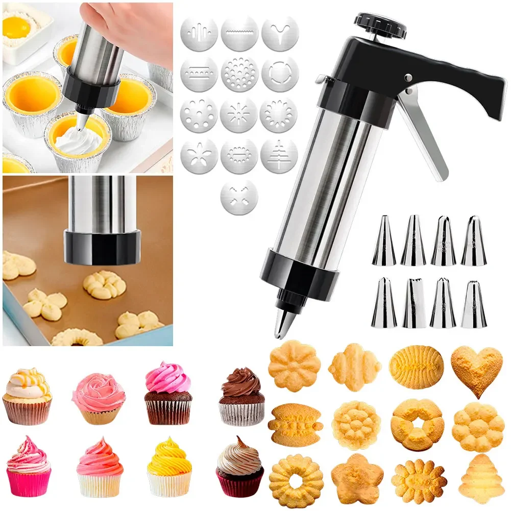 Cookie Press Gun with 13 Cookie Discs + 8 Icing Nozzles DIY Maker Deluxe Maker for Making and Decorating Cookies cookie maker press kit