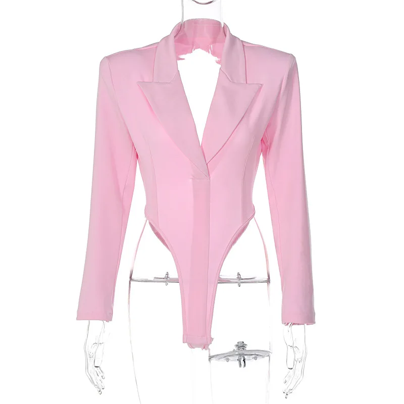 BKLD Women Clothing 2023 New Arrivals Winter Fashion Pink Sexy Open Back Slim Fit Long Sleeve Bodysuit Tops One Pieces Outfits