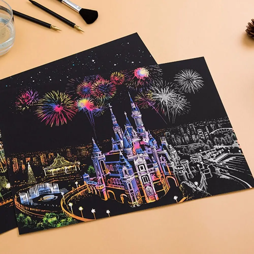 by Scratch Scratch Painting Kit Engraving Painting Landscape Scratchboard Scratch Paint Castles Flame with Tools Art Paper