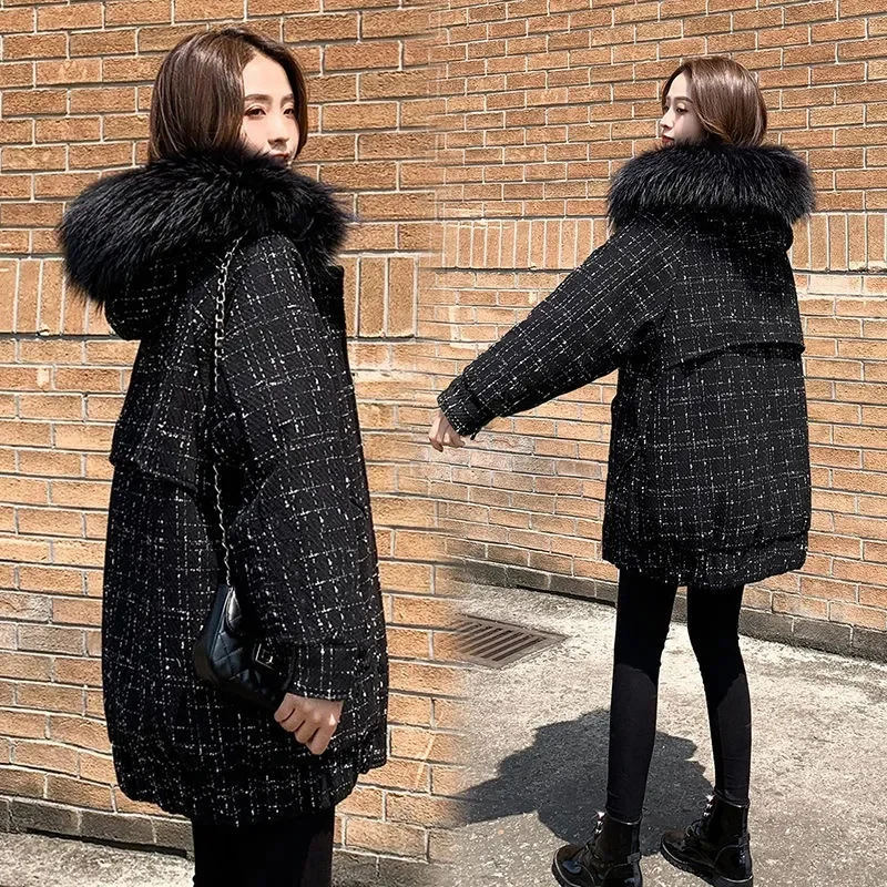 2023 Korean Version Parka Mid Length Large Woolen Collar Cotton Jacket for Women Loose Fitting Black Parka Thickened New Coat V4
