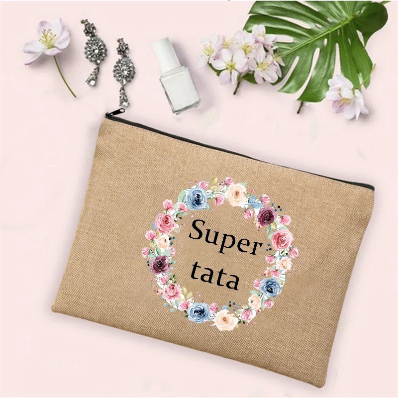 Super Tata Wreath Print Linen Makeup Bags Cosmetic Bag Zipper Pouch Travel Toiletry Organizer Women Neceser Best Gifts for Tata