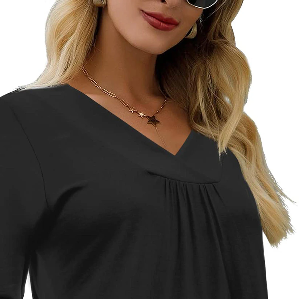 Damen Elegant Loose Fit Kurzarm Frühling T-Shirt V-Ausschnitt Casual Loose Basic Tunika Top Sommer Baumwollmischung Bluse Free87_voghion.com
