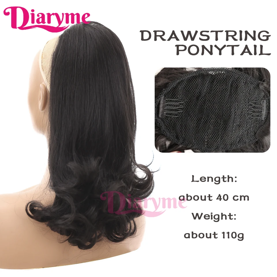 Tail Warping Synthetic 16" Kinky Straight Hairpiece With Two Combs Drawstring Ponytail Hair Extension Natural Black Clip-in pony